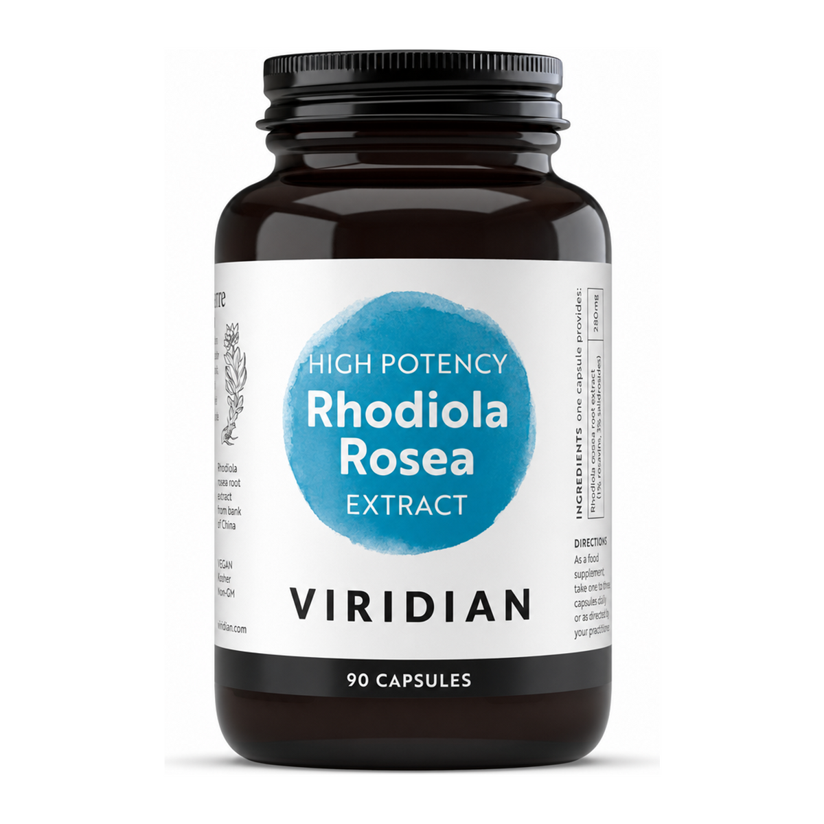 Viridian High Potency Rhodiola Rosea Root Extract Capsules by Viridian Natural Remedies — front view showing product label and branding, studio product photo on white background