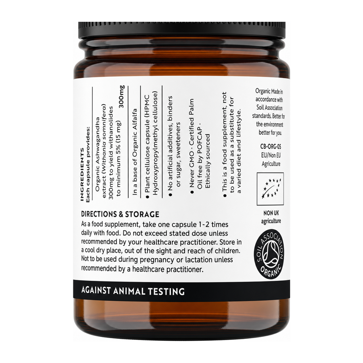 Viridian Organic Ashwagandha Extract by Viridian Natural Remedies — ingredients side panel, studio product photo on white background