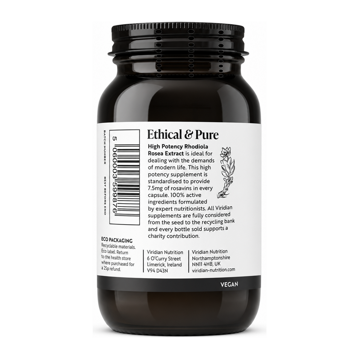 Viridian High Potency Rhodiola Rosea Root Extract Capsules by Viridian Natural Remedies — back view showing ingredients and product details, studio product photo on white background