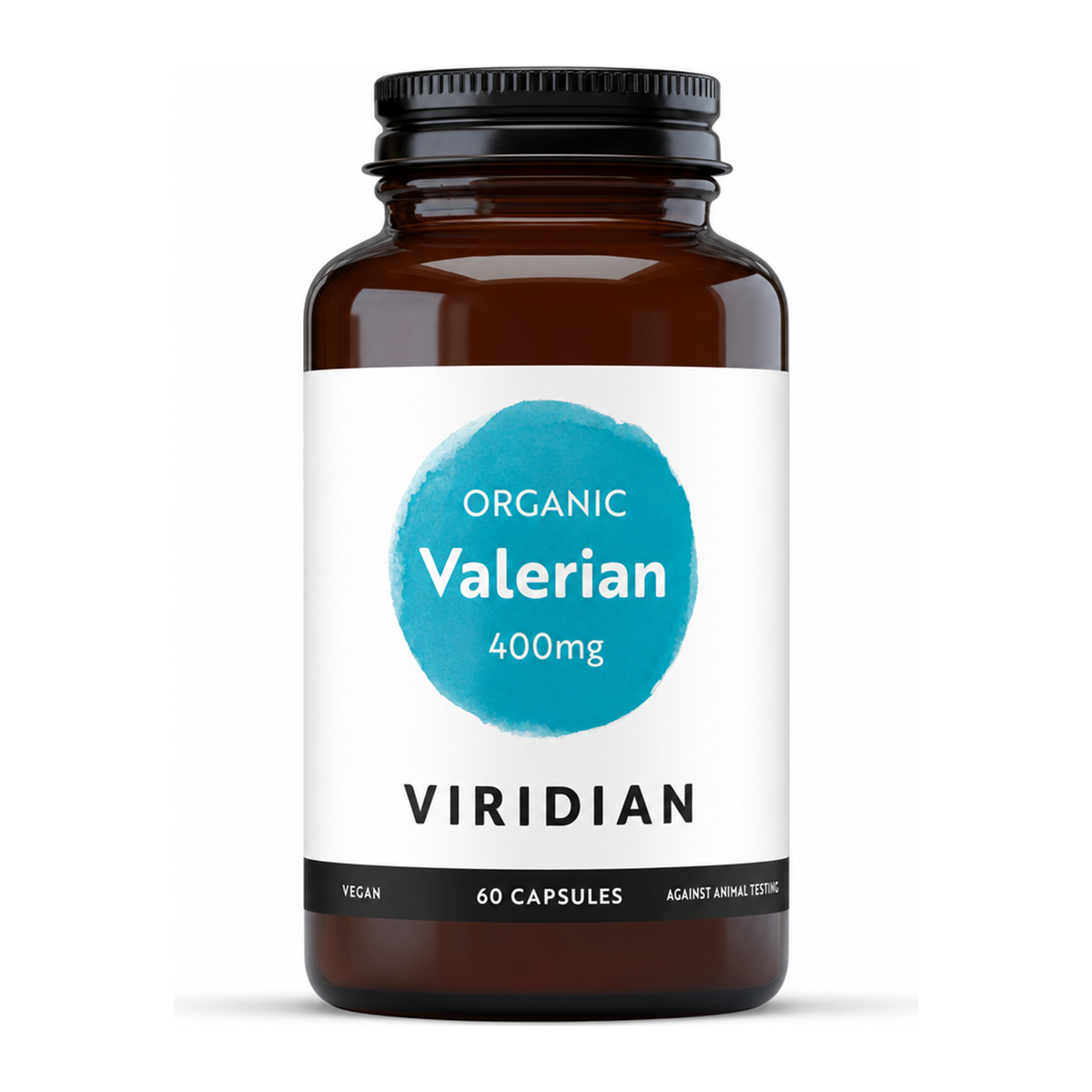 Viridian Organic Valerian Root 400mg by Viridian Natural Remedies — front view showing product label and branding, studio product photo on white background