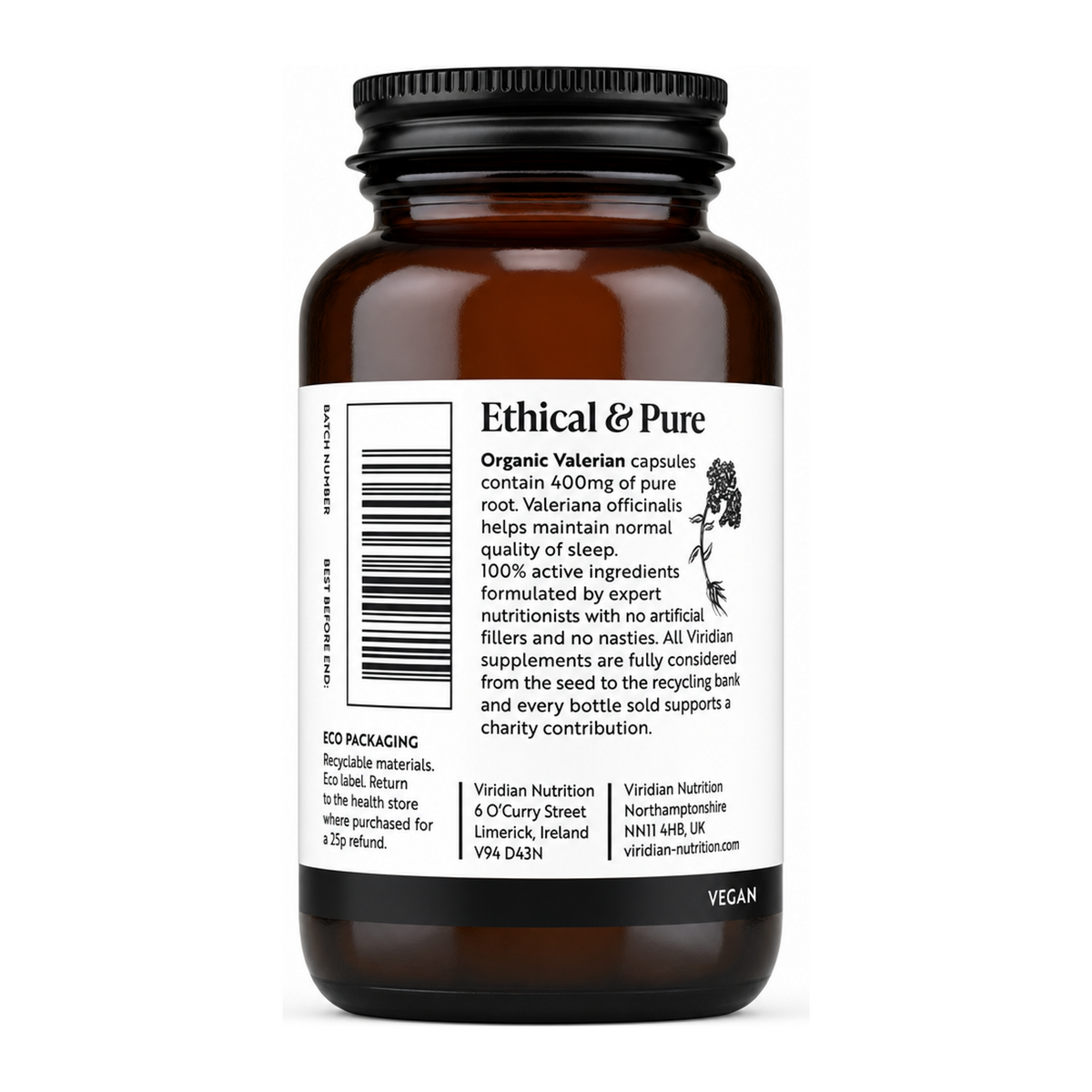 Viridian Organic Valerian Root 400mg by Viridian Natural Remedies — back view showing ingredients and product details, studio product photo on white background