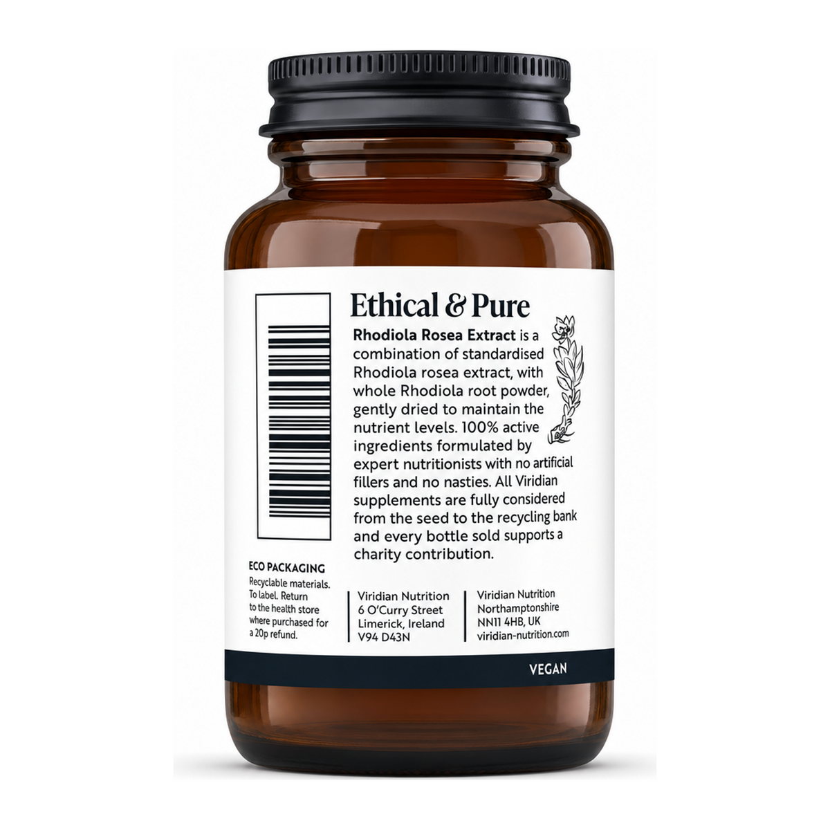 Viridian Rhodiola Rosea Root Extract by Viridian Natural Remedies — back view showing ingredients and product details, studio product photo on white background