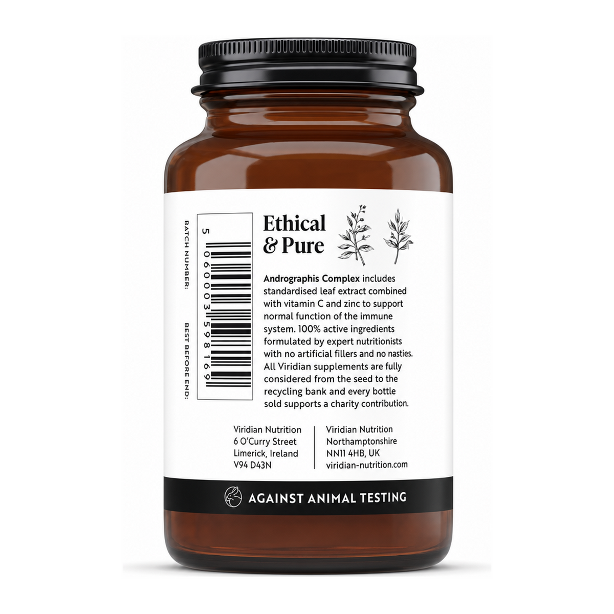 Viridian Andrographis Complex by Viridian Natural Remedies — back view showing ingredients and product details, studio product photo on white background