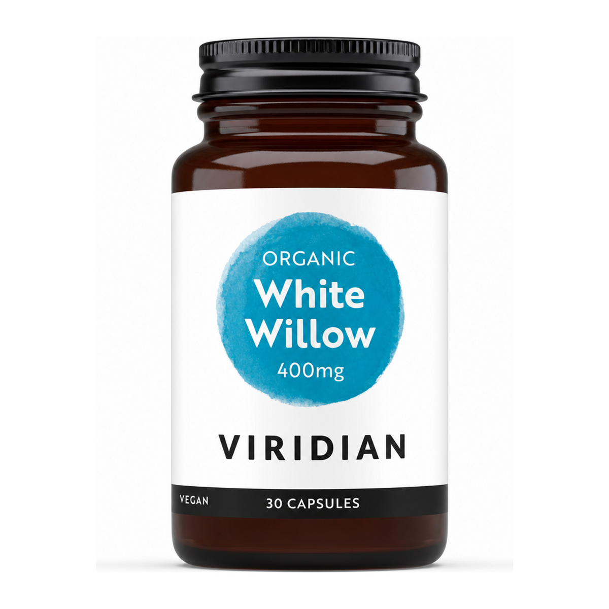 Viridian Organic White Willow 400mg by Viridian Natural Remedies — front view showing product label and branding, studio product photo on white background