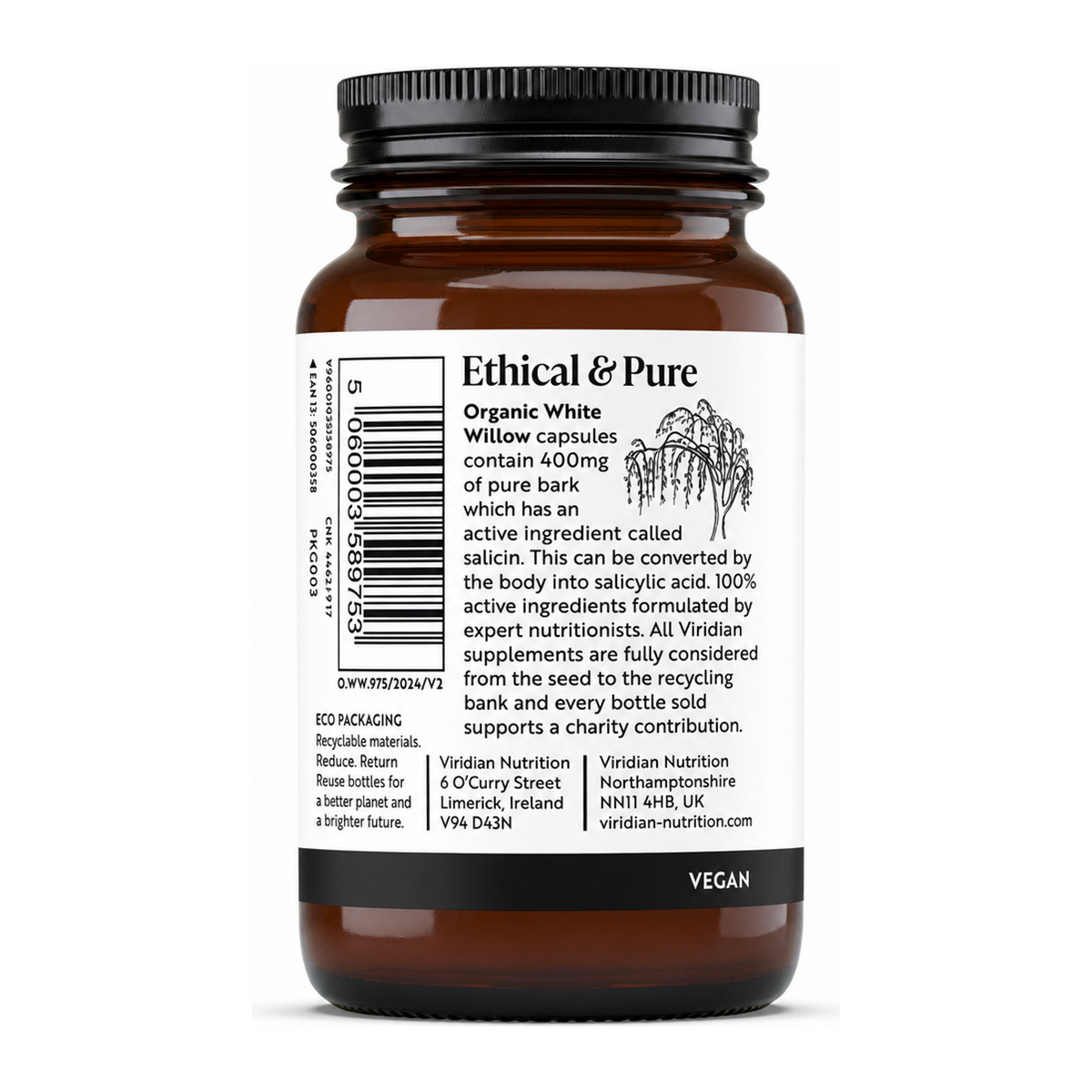 Viridian Organic White Willow 400mg by Viridian Natural Remedies — back view showing ingredients and product details, studio product photo on white background