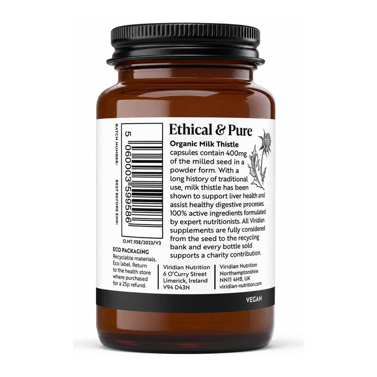 Viridian Organic Milk Thistle 400mg by Viridian Natural Remedies — back view showing ingredients and product details, studio product photo on white background