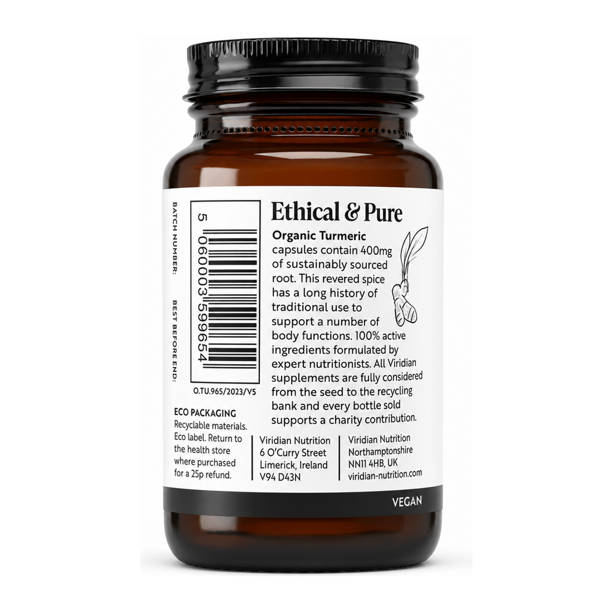 Viridian Organic Turmeric 400mg by Viridian Natural Remedies — back view showing ingredients and product details, studio product photo on white background