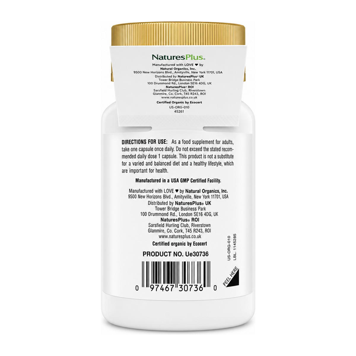 Natures Plus Source Of Life Garden Organic Iron by NaturesPlus — back view showing ingredients and product details, studio product photo on white background
