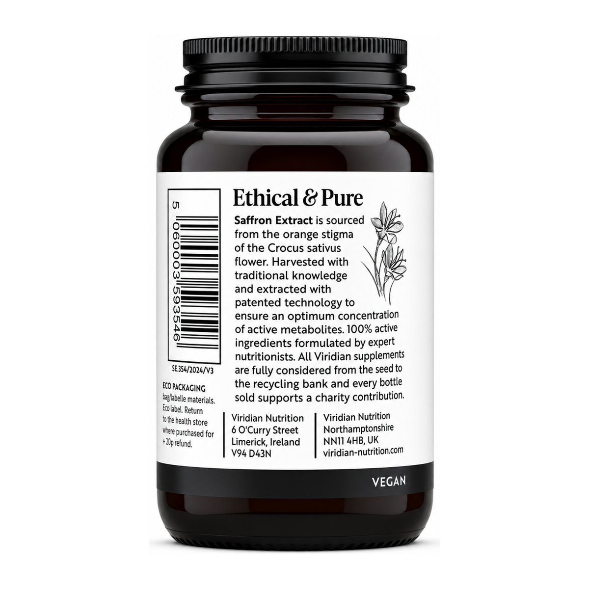 Viridian Saffron Extract by Viridian Natural Remedies — front view showing product label and branding, studio product photo on white background