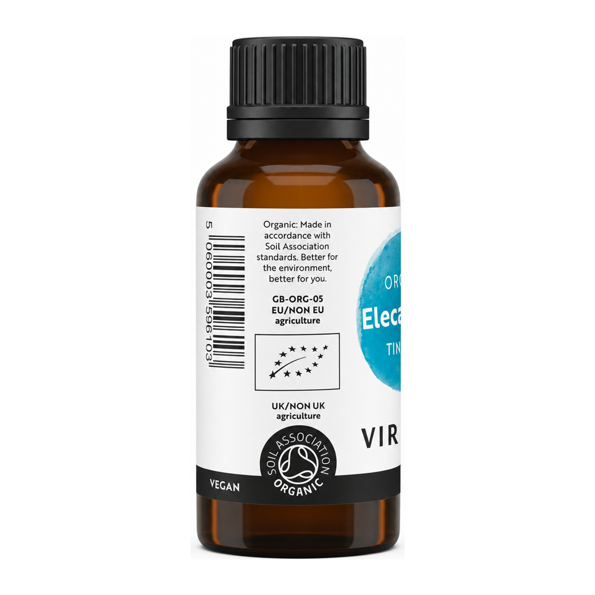 Viridian Organic Elecampane Tincture by Viridian Natural Remedies — back view showing ingredients and product details, studio product photo on white background