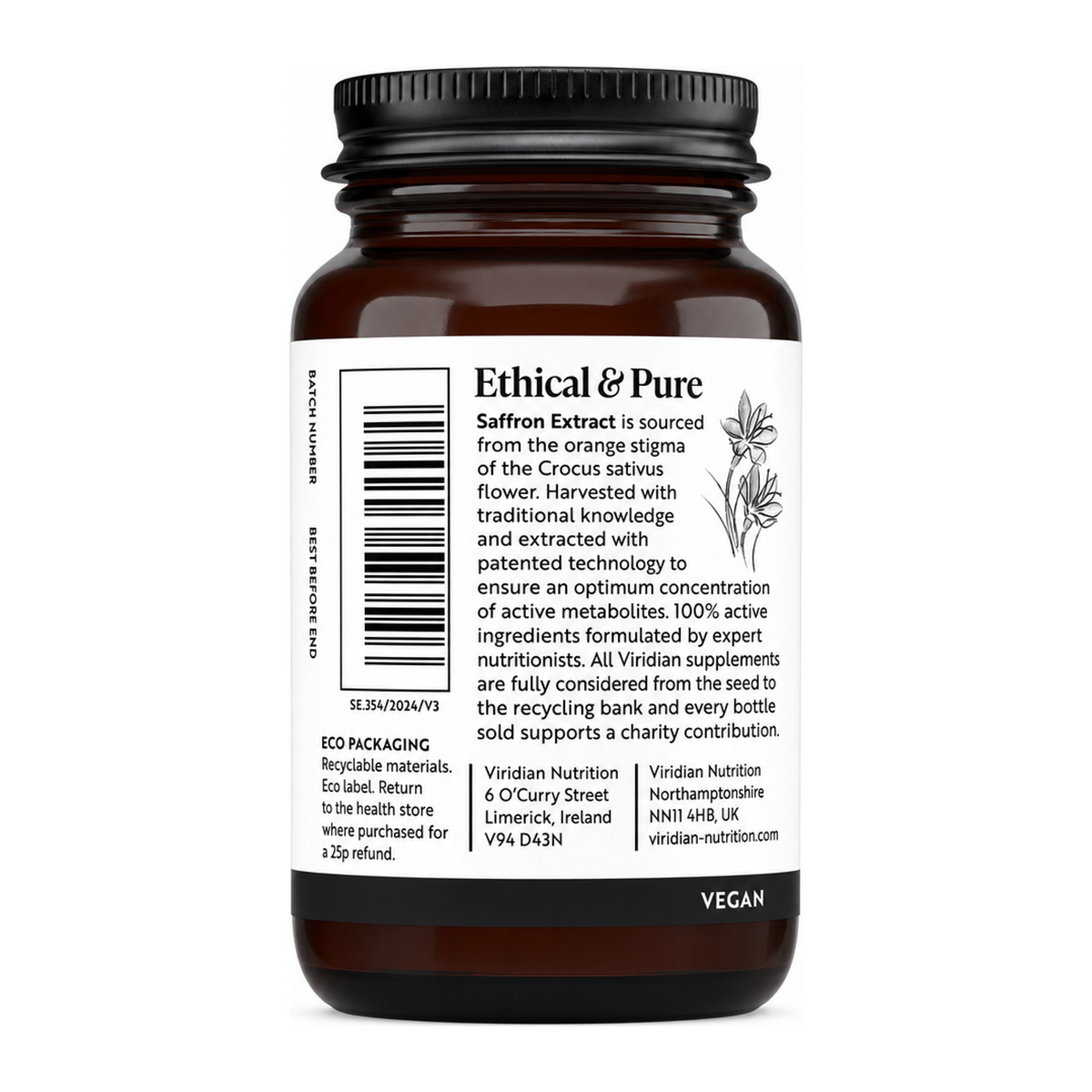 Viridian Saffron Extract by Viridian Natural Remedies — back view showing ingredients and product details, studio product photo on white background
