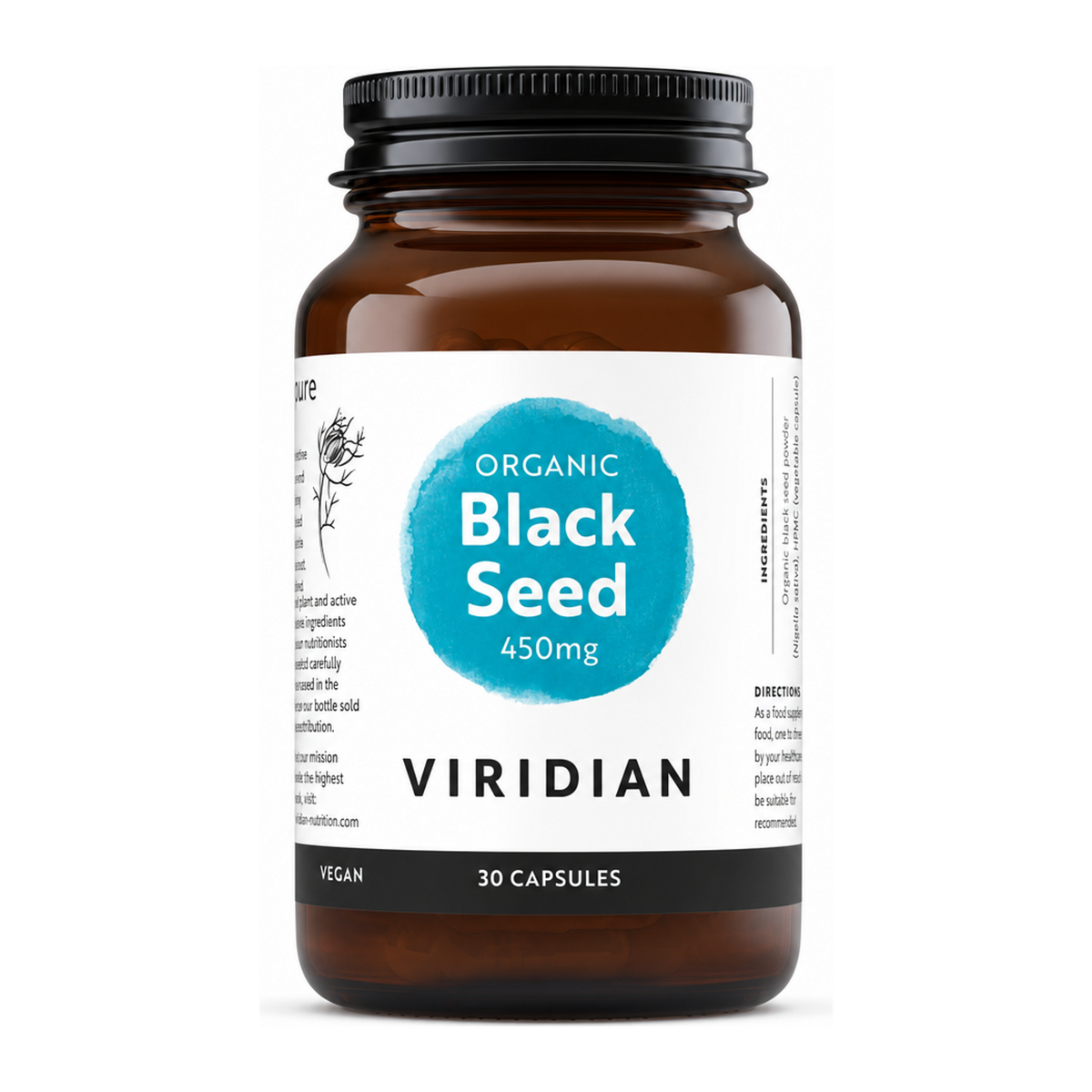 Viridian Organic Black Seed 450mg by Viridian Natural Remedies — front view showing product label and branding, studio product photo on white background