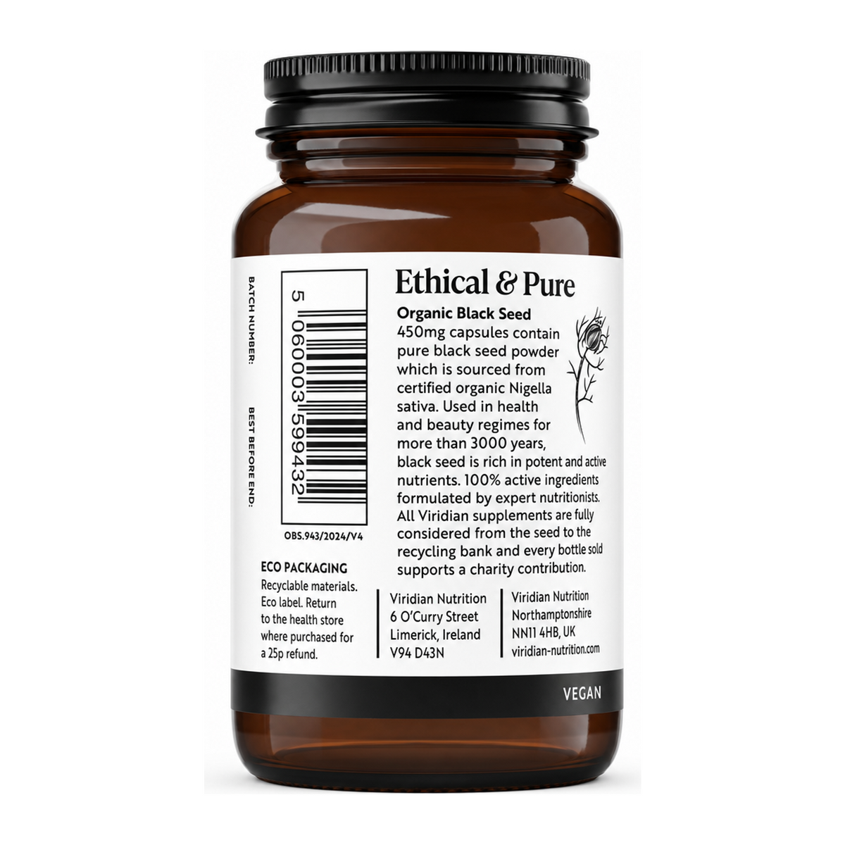Viridian Organic Black Seed 450mg by Viridian Natural Remedies — back view showing ingredients and product details, studio product photo on white background
