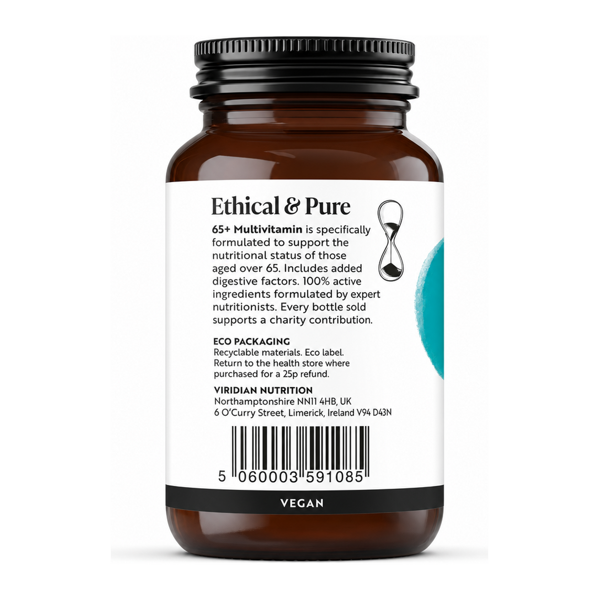 Viridian 65+ Formula Multivitamin by Viridian Natural Remedies — back view showing ingredients and product details, studio product photo on white background