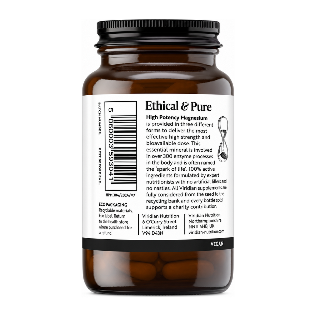 Viridian Hi-Potency Magnesium 300mg by Viridian Natural Remedies — back view showing ingredients and product details, studio product photo on white background