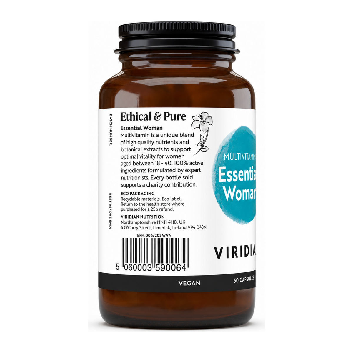 Viridian Essential Woman Multivitamin by Viridian Natural Remedies — back view showing ingredients and product details, studio product photo on white background