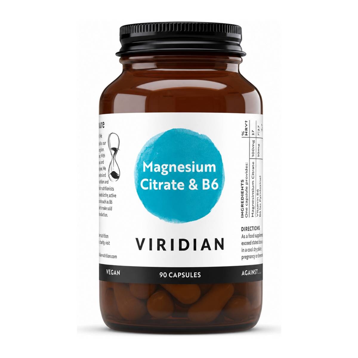 Viridian Magnesium Citrate (100mg) w/ B6 (25mg) by Viridian Natural Remedies — front view showing product label and branding, studio product photo on white background