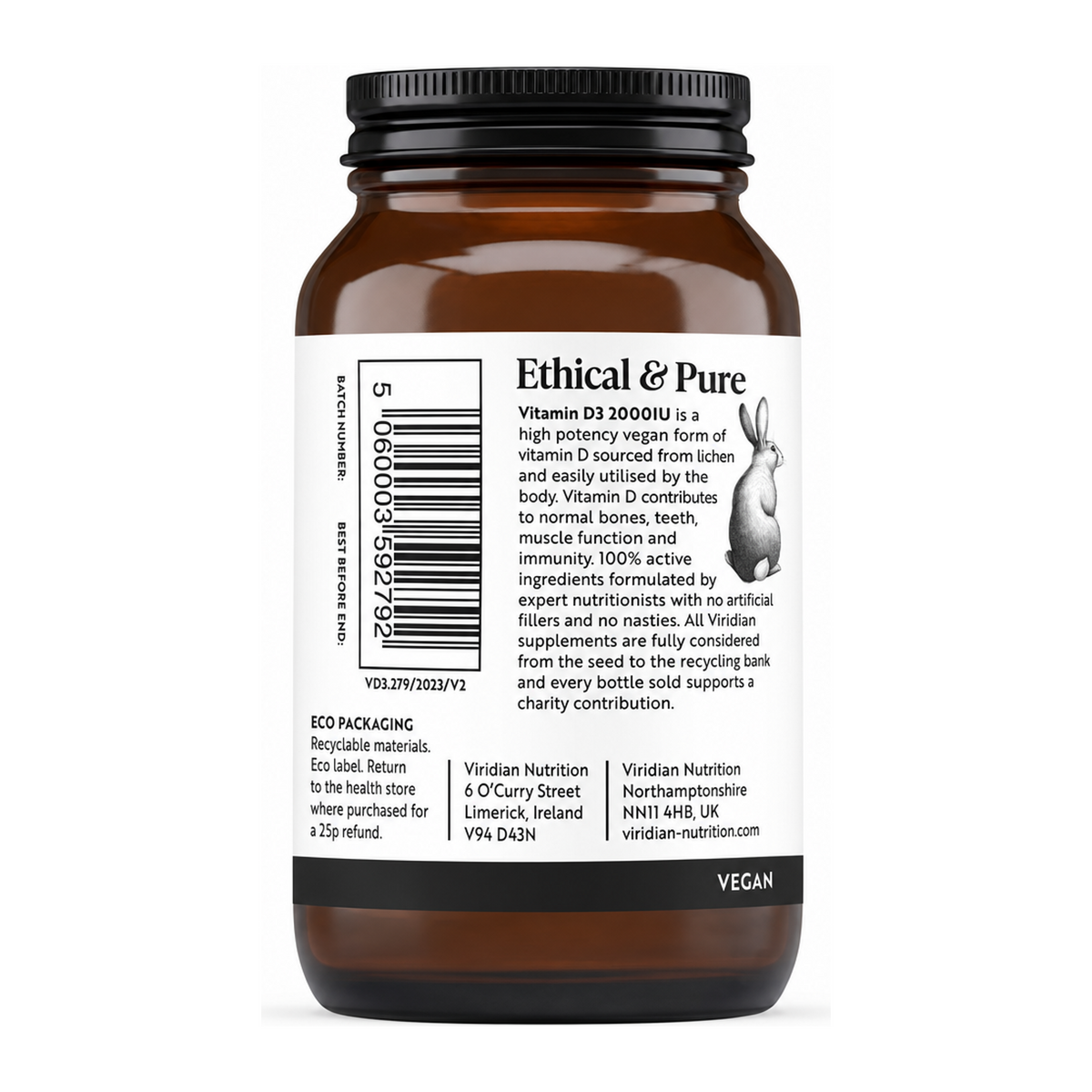 Viridian Vitamin D3 2000iu by Viridian Natural Remedies — back view showing ingredients and product details, studio product photo on white background