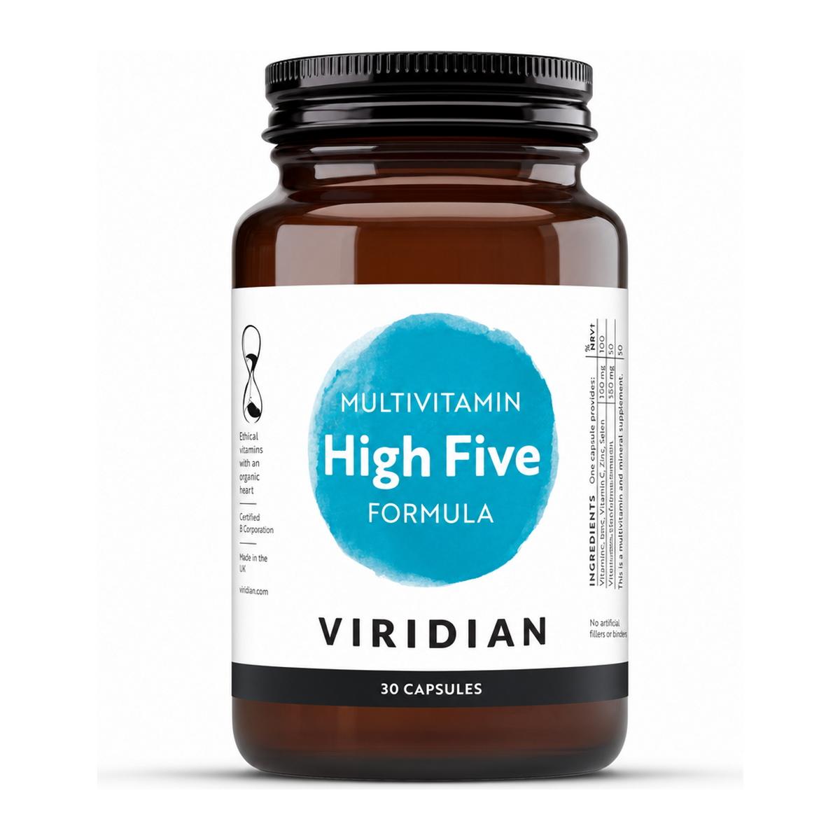 Viridian HIGH FIVE Multivit & Mineral Formula by Viridian Natural Remedies — front view showing product label and branding, studio product photo on white background
