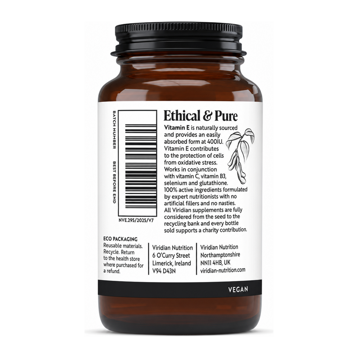 Viridian Vitamin E 400IU by Viridian Natural Remedies — back view showing ingredients and product details, studio product photo on white background