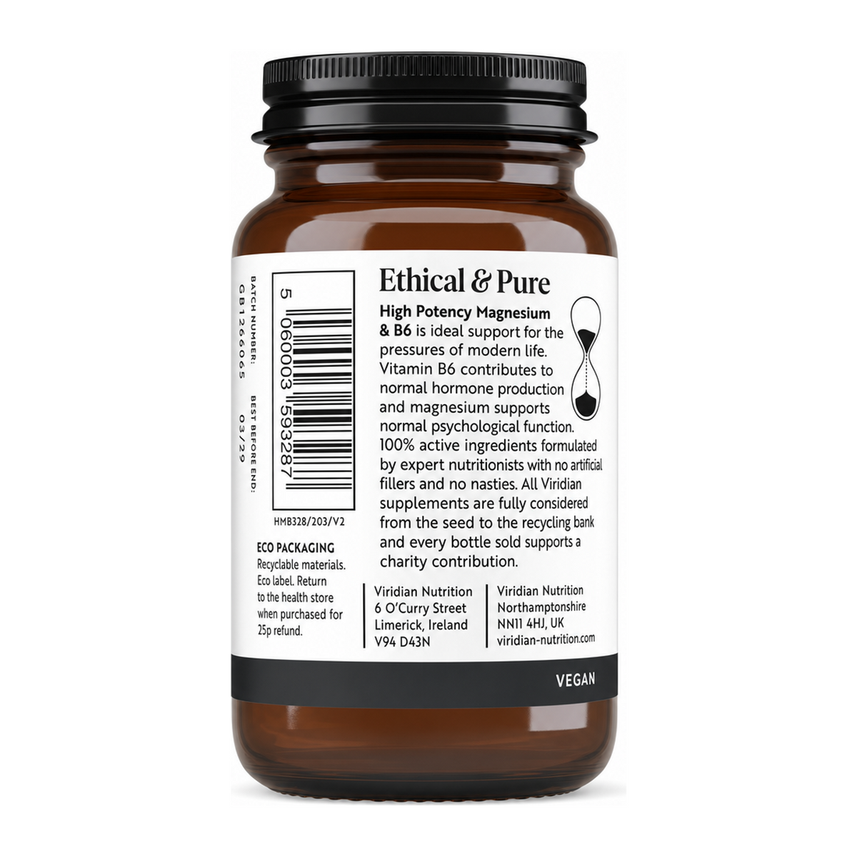 Viridian Hi-Potency Magnesium (300mg) w/ B6 (25mg) by Viridian Natural Remedies — back view showing ingredients and product details, studio product photo on white background