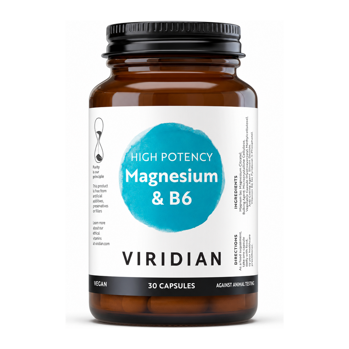 Viridian Hi-Potency Magnesium (300mg) w/ B6 (25mg) by Viridian Natural Remedies — front view showing product label and branding, studio product photo on white background