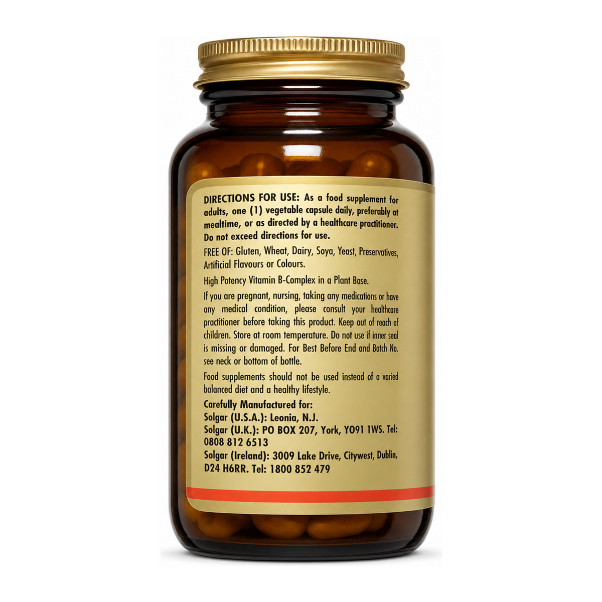 Solgar Formula Vitamin B-Complex 50 by Solgar Natural Remedies — back view showing ingredients and product details, studio product photo on white background