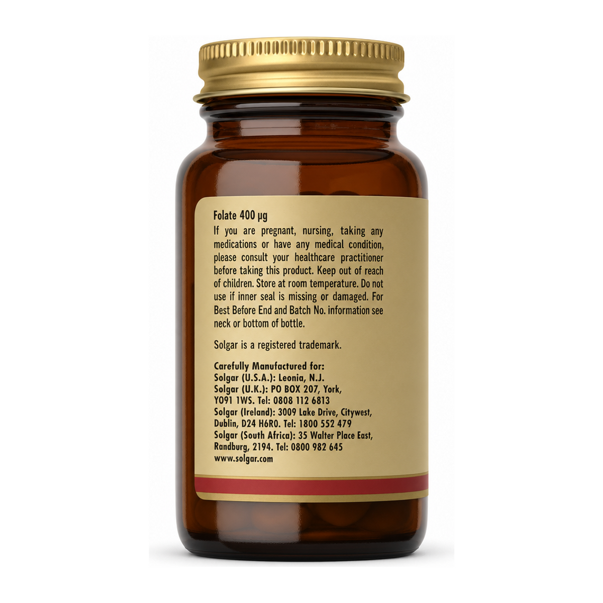 Solgar Folate 400 mcg (as Metafolin) by Solgar Natural Remedies — back view showing ingredients and product details, studio product photo on white background