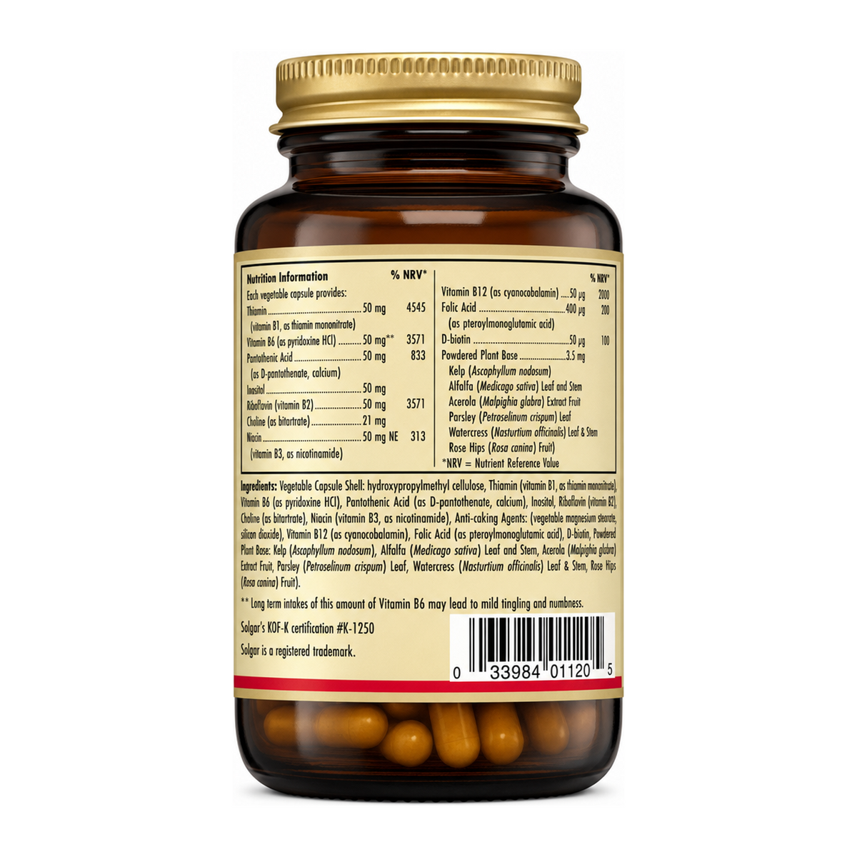 Solgar Formula Vitamin B-Complex 50 by Solgar Natural Remedies — back view showing ingredients and product details, studio product photo on white background