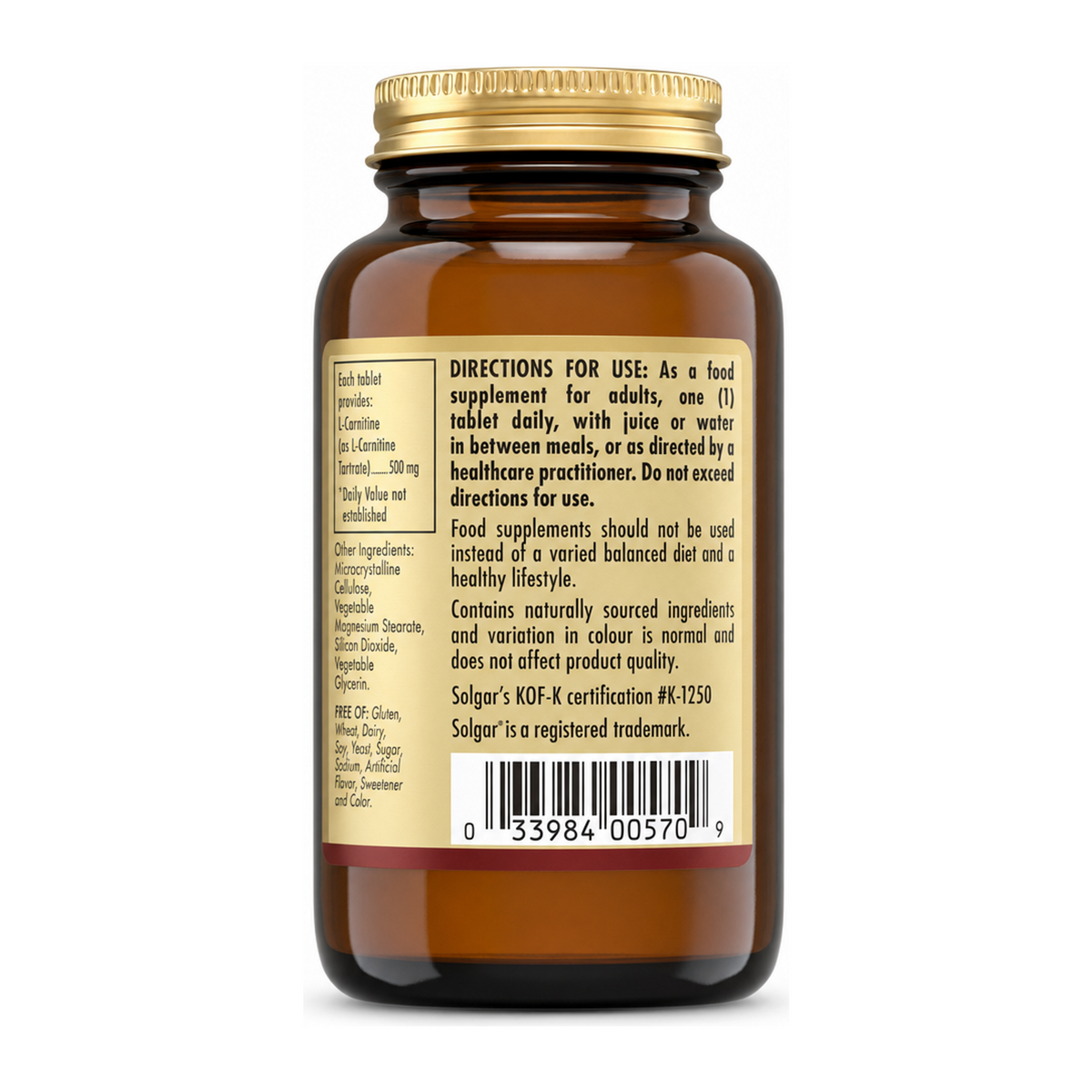 Solgar L-Carnitine 500 mg by Solgar Natural Remedies — back view showing ingredients and product details, studio product photo on white background