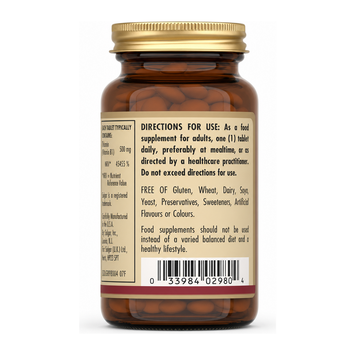 Solgar Vitamin B1 (Thiamin) 500 mg by Solgar Natural Remedies — back view showing ingredients and product details, studio product photo on white background