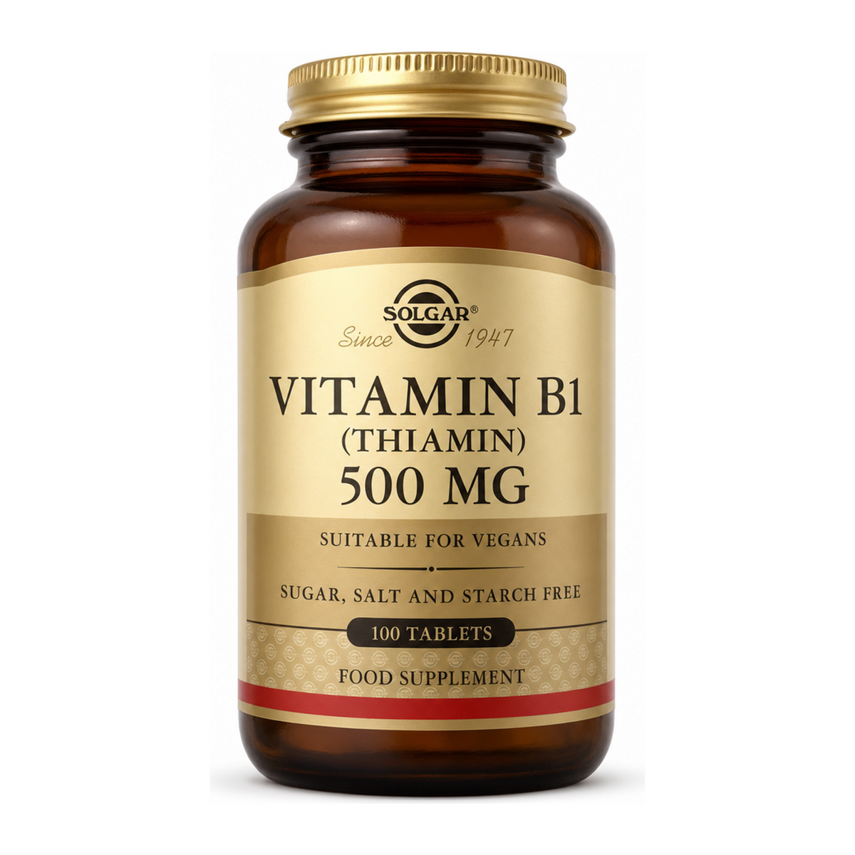Solgar Vitamin B1 (Thiamin) 500 mg by Solgar Natural Remedies — front view showing product label and branding, studio product photo on white background