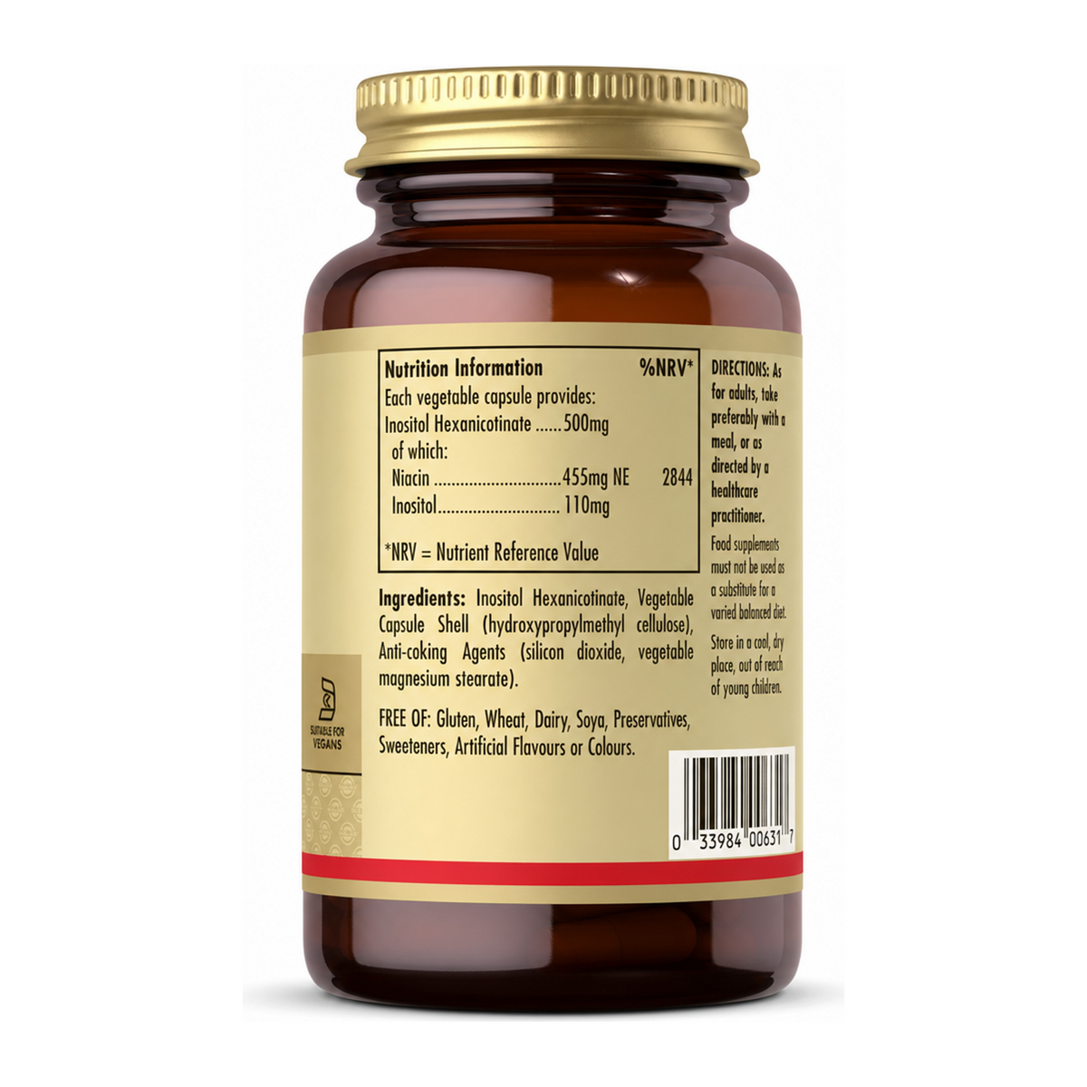 Solgar No-Flush Niacin (Inositol Hexanicotinate) 500 mg by Solgar Natural Remedies — back view showing ingredients and product details, studio product photo on white background