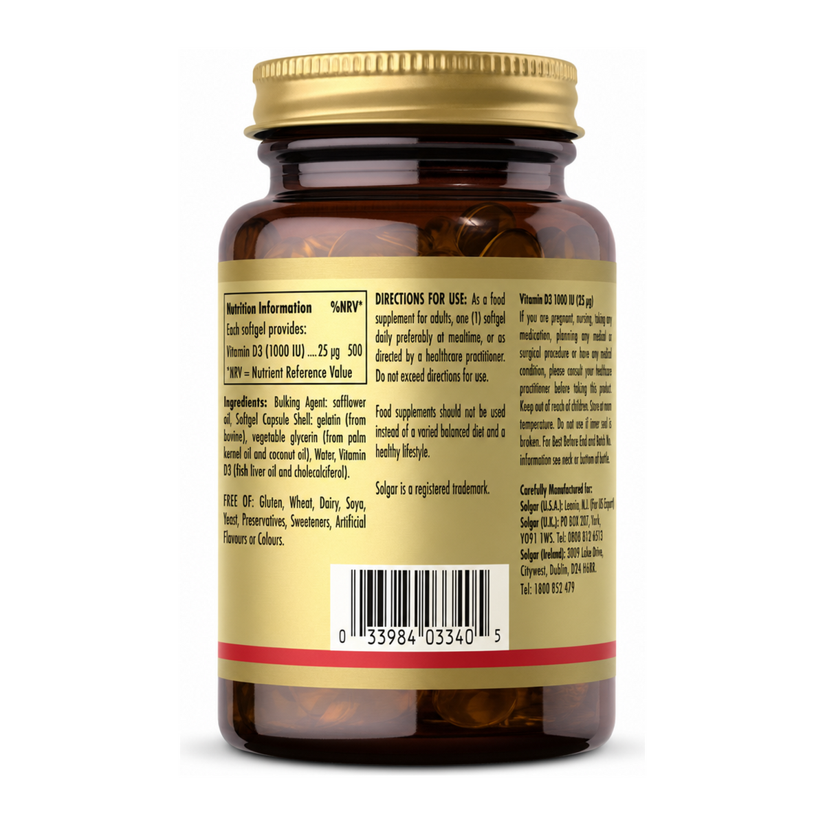 Solgar Vitamin D3 1000 IU (25 mcg) by Solgar Natural Remedies — back view showing ingredients and product details, studio product photo on white background