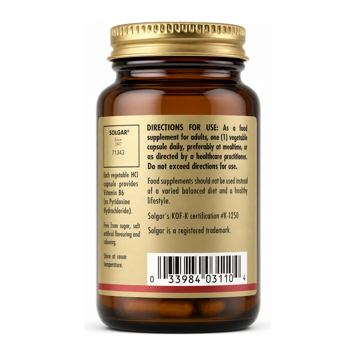 Solgar Vitamin B6 100 mg by Solgar Natural Remedies — back view showing ingredients and product details, studio product photo on white background
