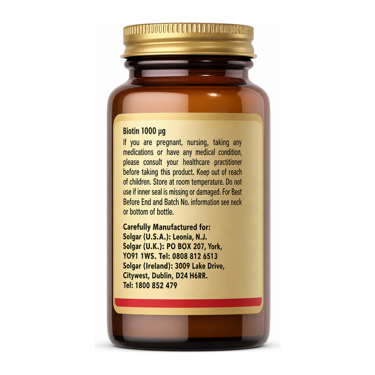 Solgar Biotin 1000 mcg by Solgar Natural Remedies — back view showing ingredients and product details, studio product photo on white background