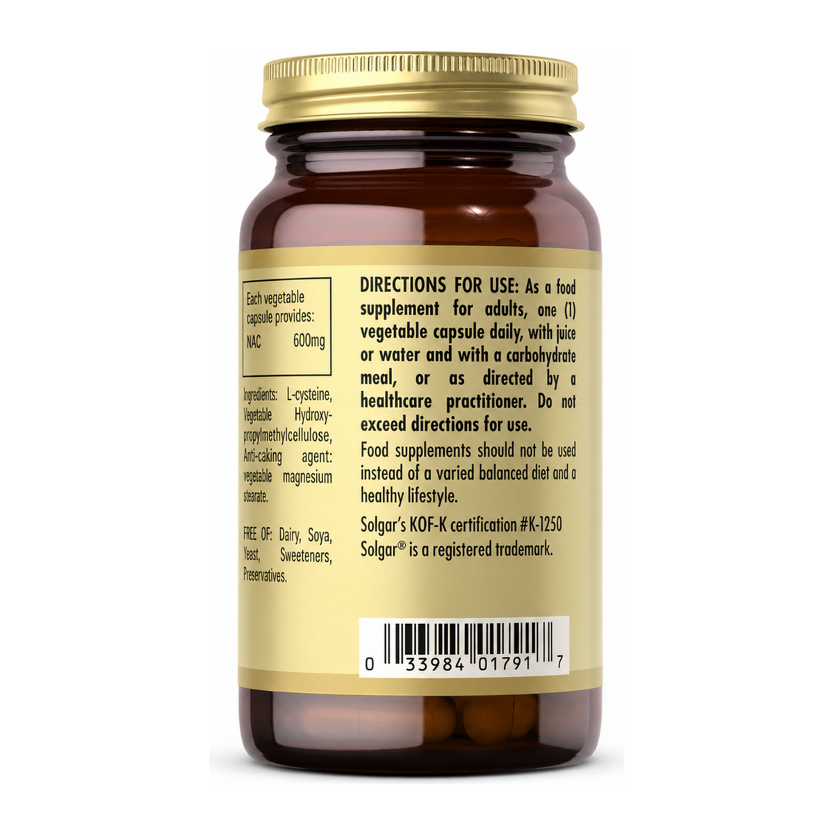 Solgar NAC (N-Acetyl Cysteine) 600 mg by Solgar Natural Remedies — back view showing ingredients and product details, studio product photo on white background