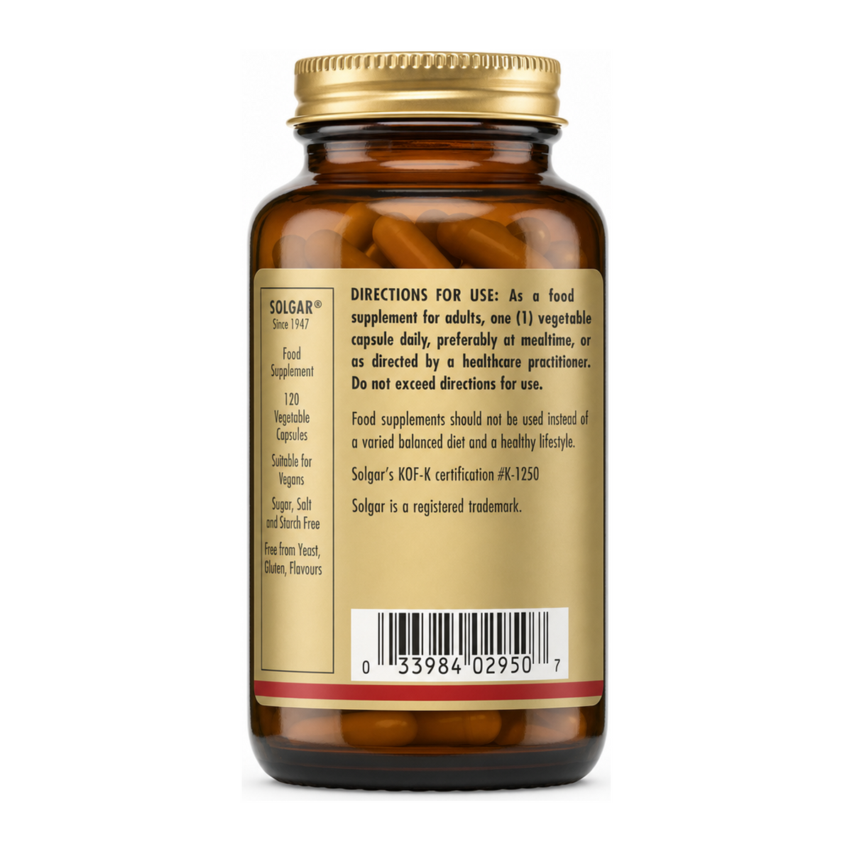 Solgar Vitamin B1 (Thiamin) 100 mg by Solgar Natural Remedies — back view showing ingredients and product details, studio product photo on white background