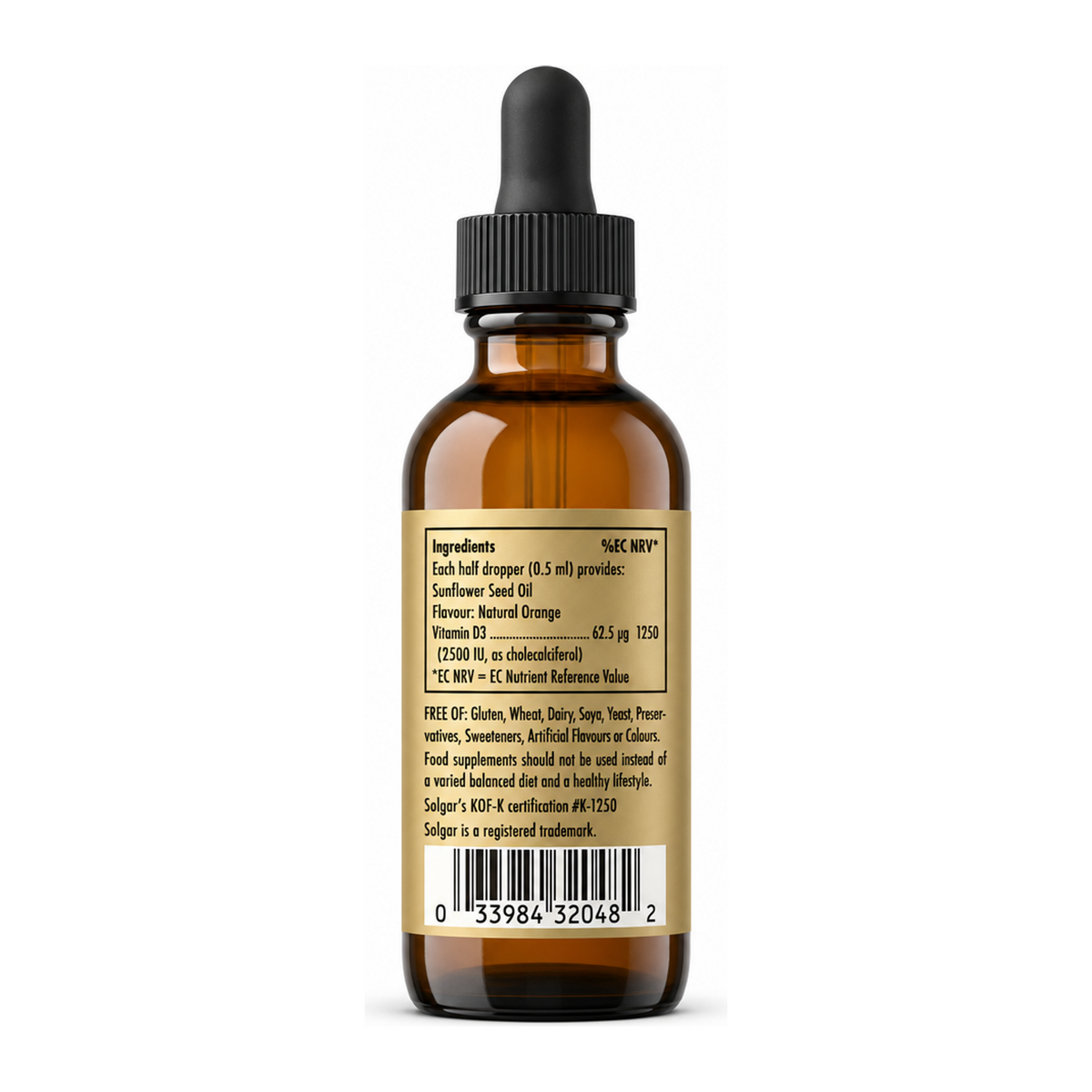 Solgar Vitamin D3 2500 IU (62.5 mcg) Liquid by Solgar Natural Remedies — back view showing ingredients and product details, studio product photo on white background