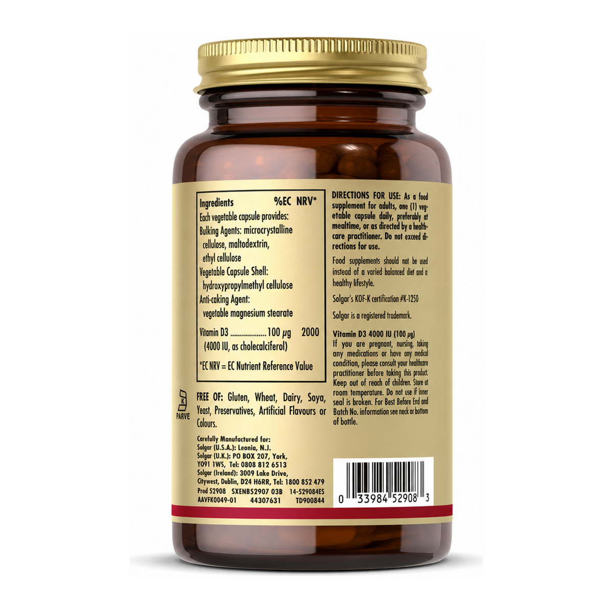 Solgar Vitamin D3 (Cholecalciferol) 4000 IU by Solgar Natural Remedies — back view showing ingredients and product details, studio product photo on white background