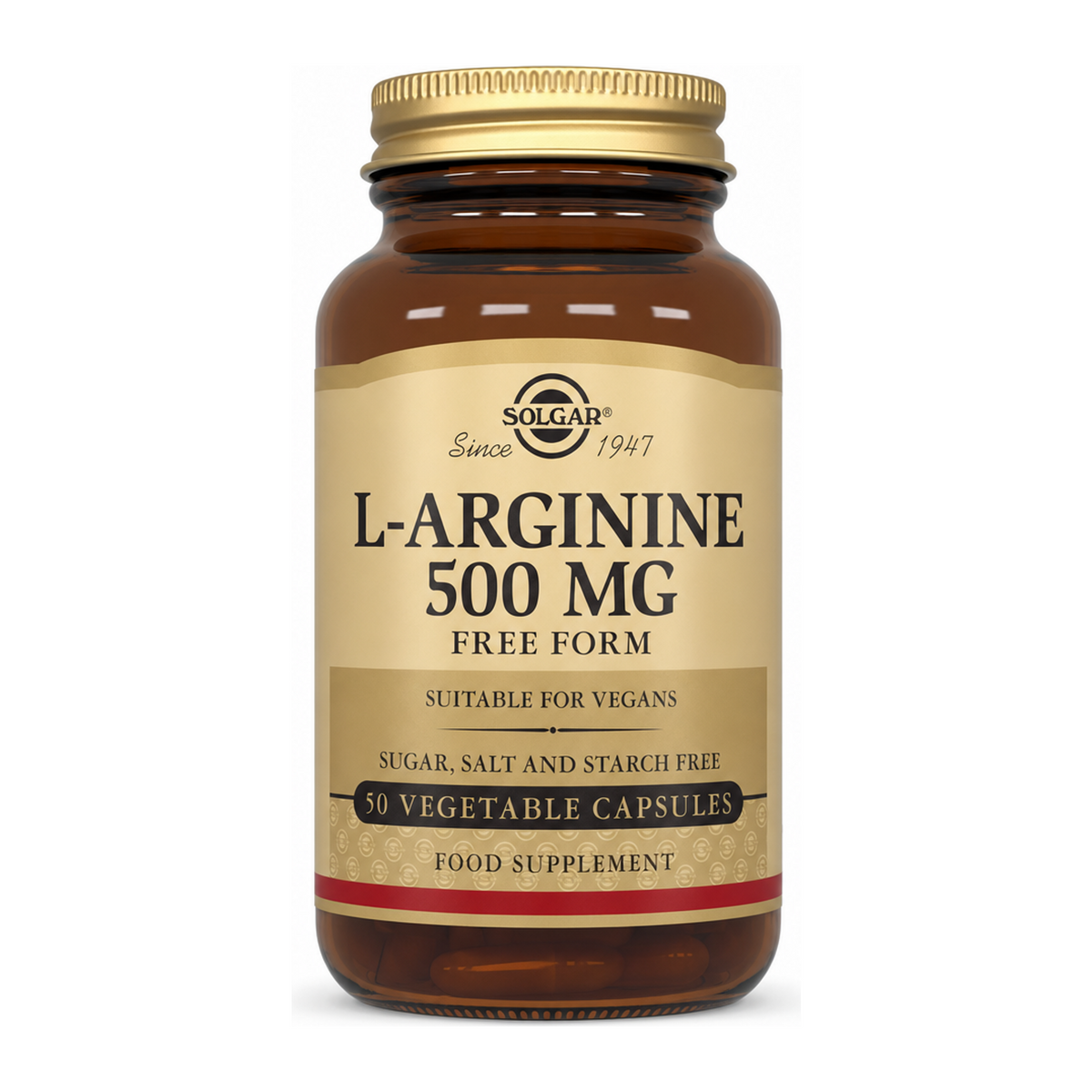 Solgar L-Arginine 500 mg by Solgar Natural Remedies — front view showing product label and branding, studio product photo on white background