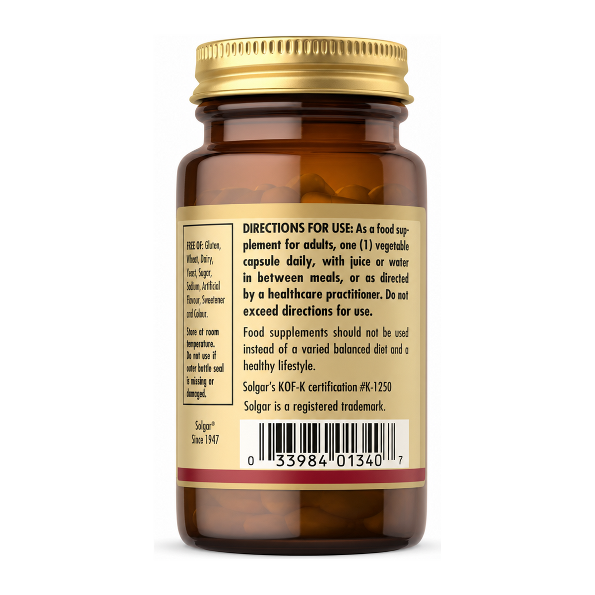 Solgar L-Glutathione Reduced 50 mg by Solgar Natural Remedies — back view showing ingredients and product details, studio product photo on white background