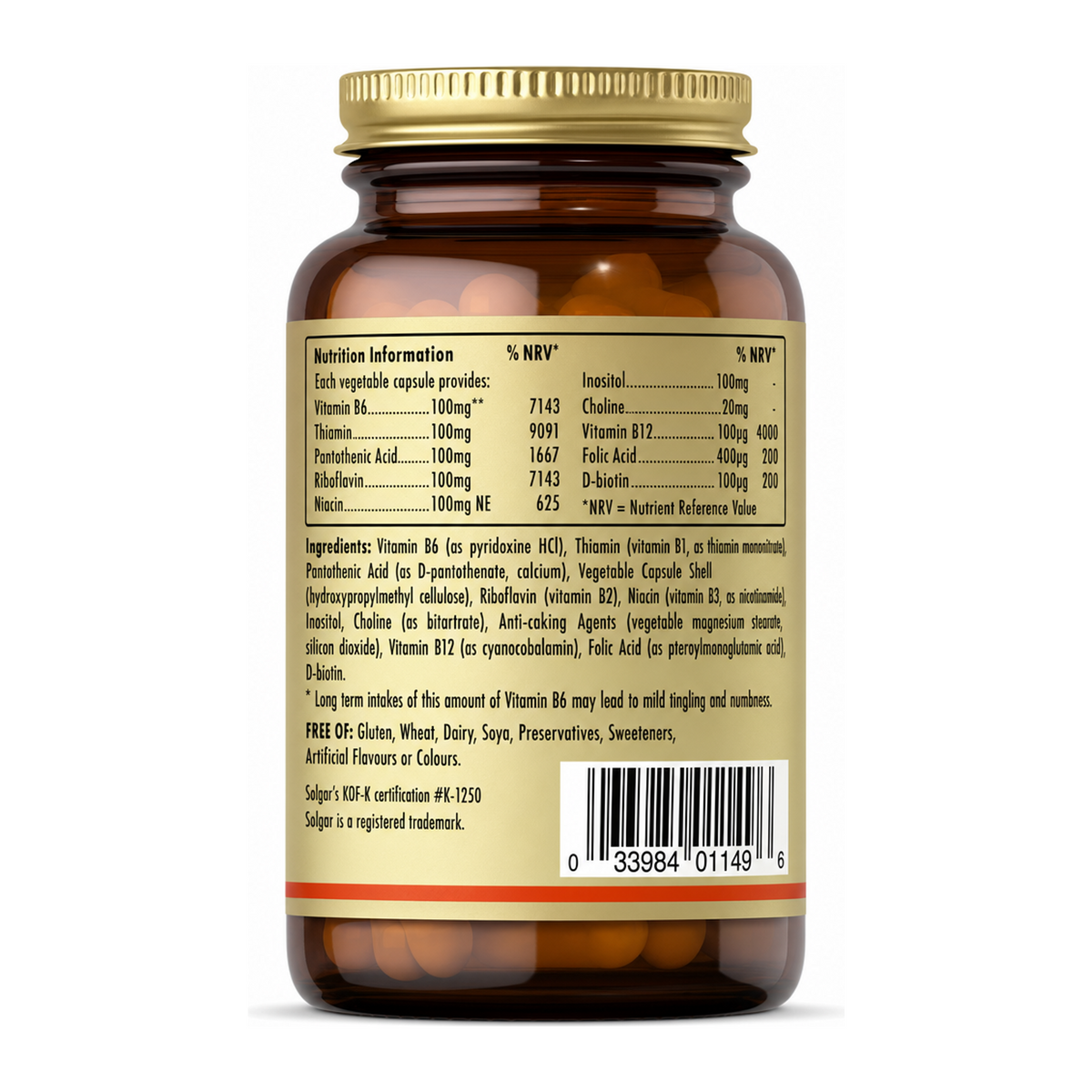 Solgar Formula Vitamin B-Complex 100 by Solgar Natural Remedies — back view showing ingredients and product details, studio product photo on white background