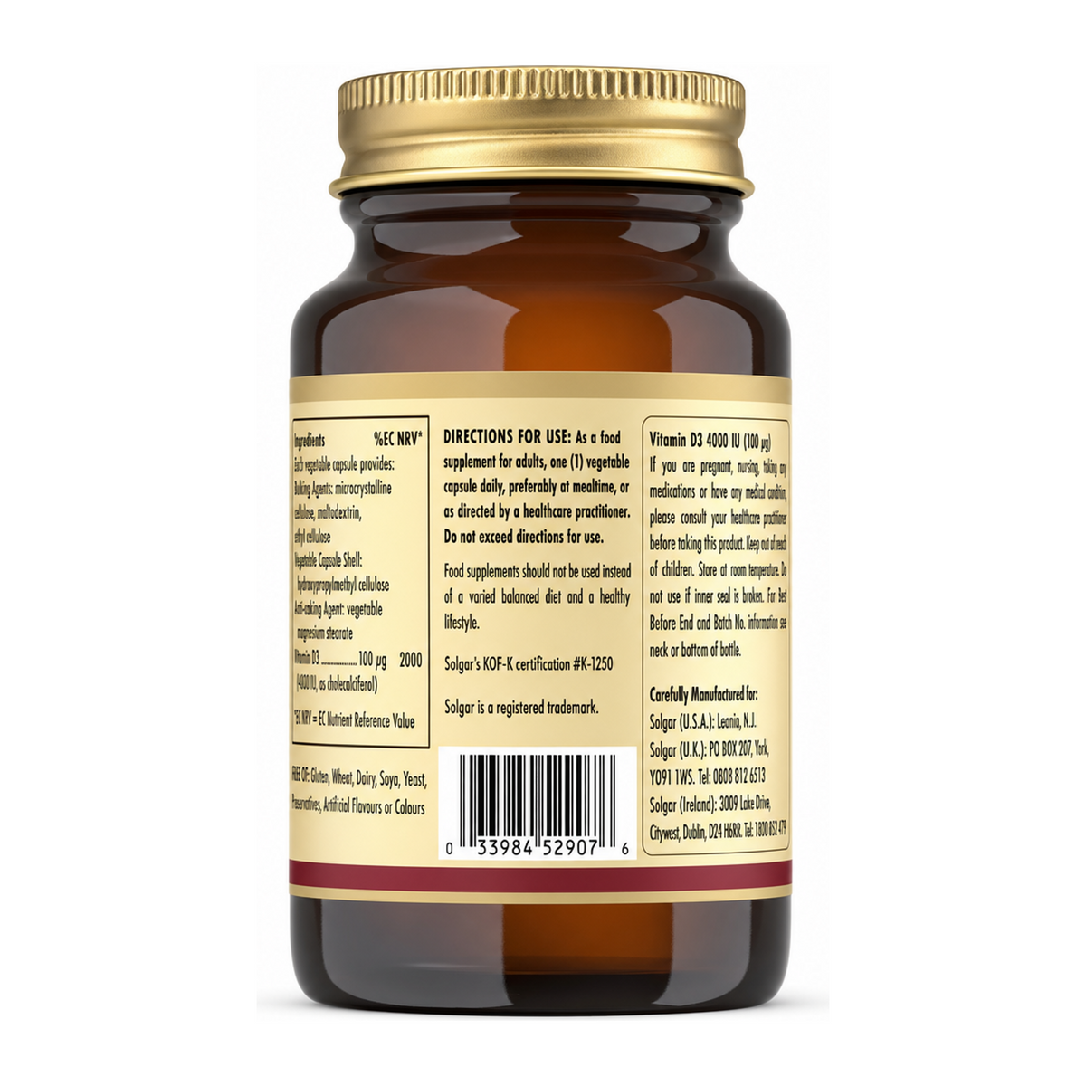 Solgar Vitamin D3 (Cholecalciferol) 4000 IU by Solgar Natural Remedies — back view showing ingredients and product details, studio product photo on white background