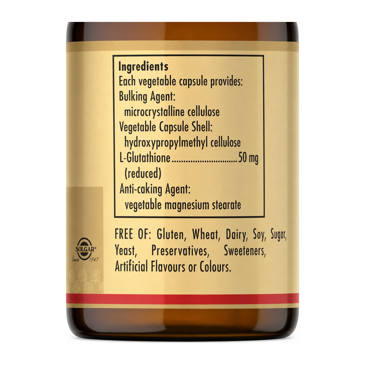 Solgar L-Glutathione Reduced 50 mg by Solgar Natural Remedies — ingredients side panel, studio product photo on white background