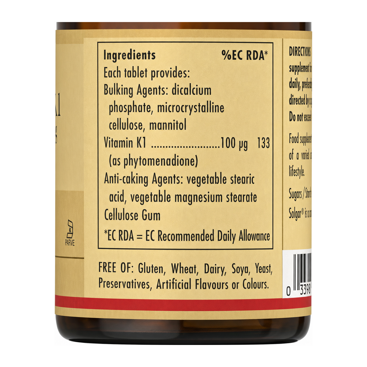 Solgar Vitamin K1 100 mcg Tablets by Solgar Natural Remedies — ingredients side panel, studio product photo on white background