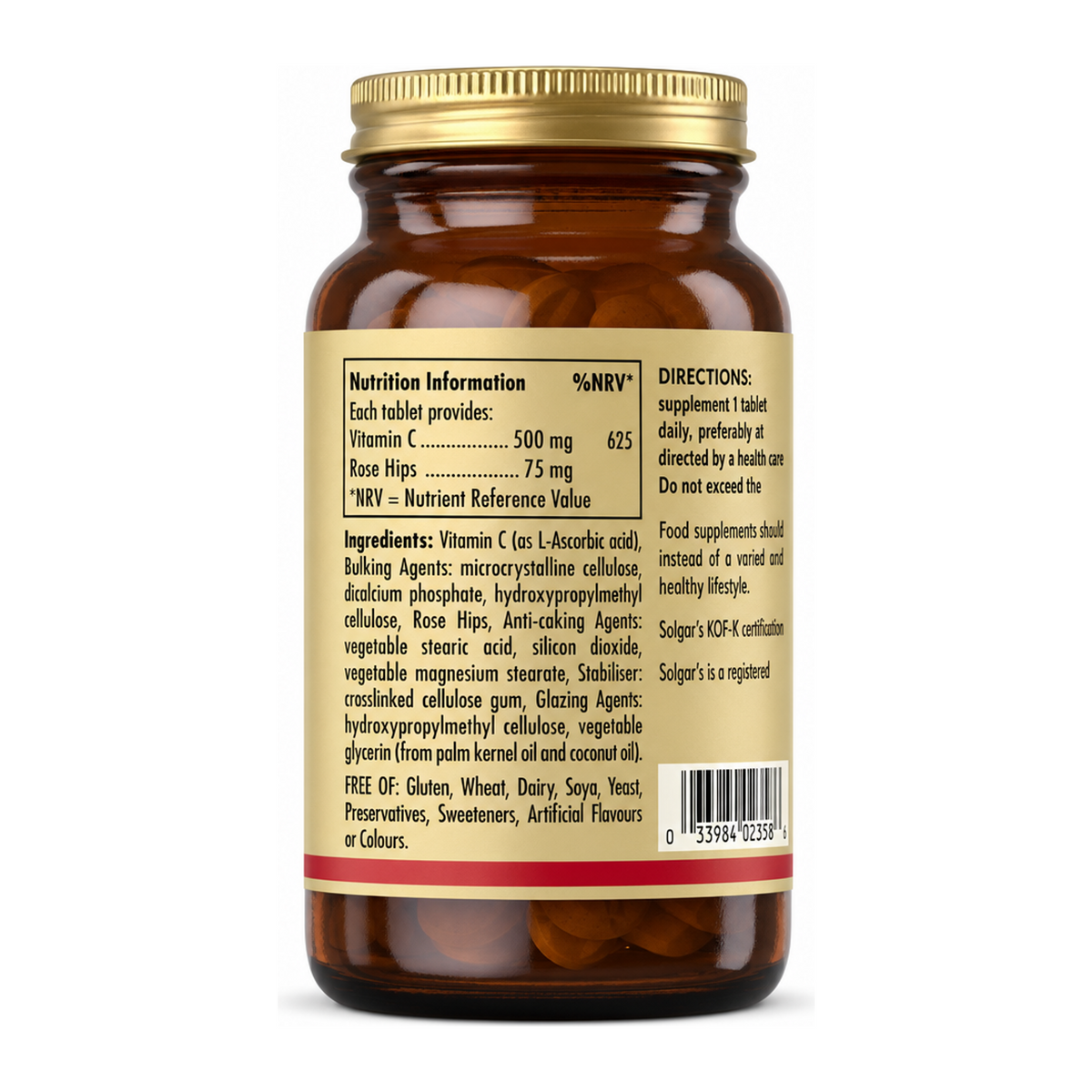 Solgar Vitamin C 500 mg with Rose Hips by Solgar Natural Remedies — back view showing ingredients and product details, studio product photo on white background