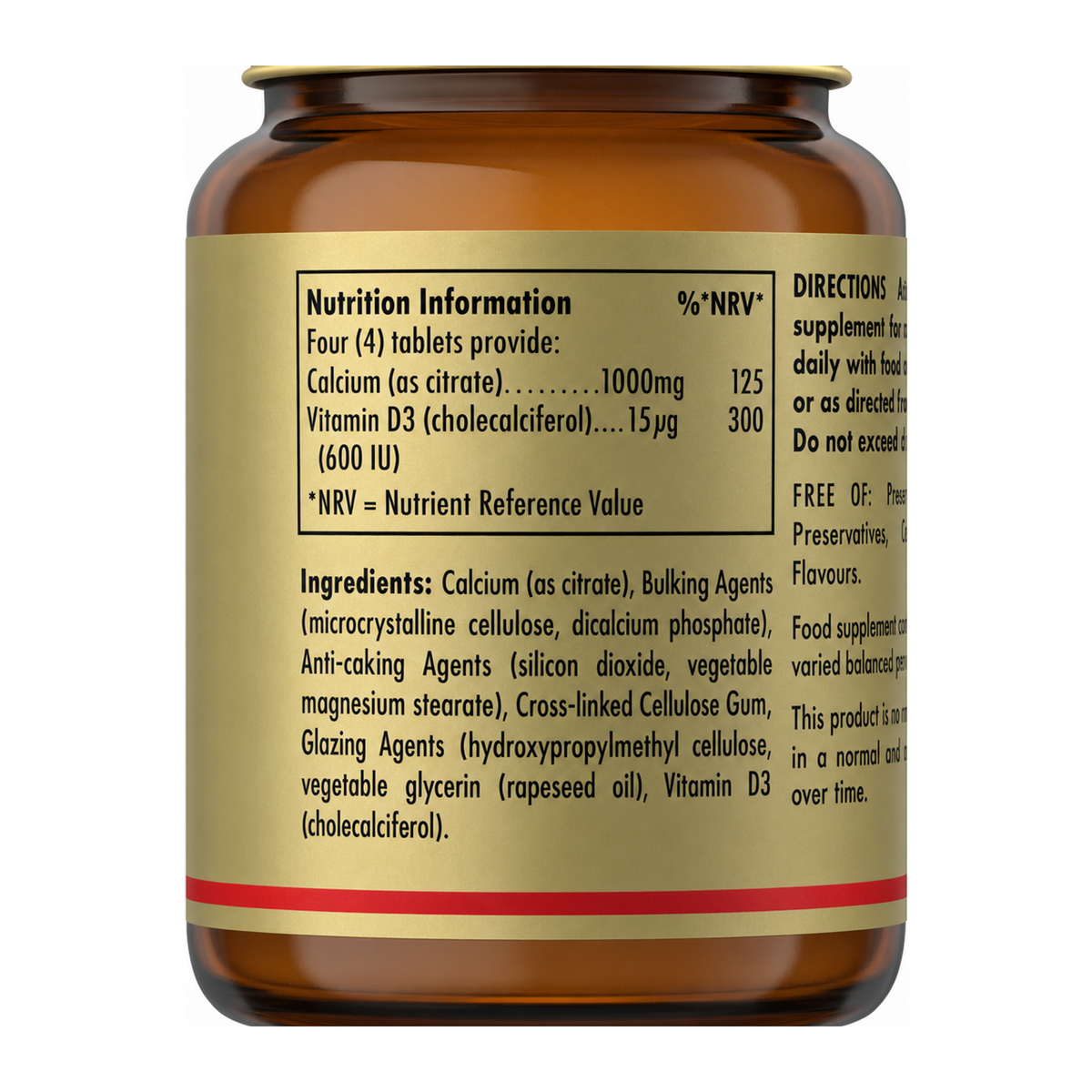 Solgar Calcium Citrate with Vitamin D3 by Solgar Natural Remedies — nutrition facts side panel, studio product photo on white background