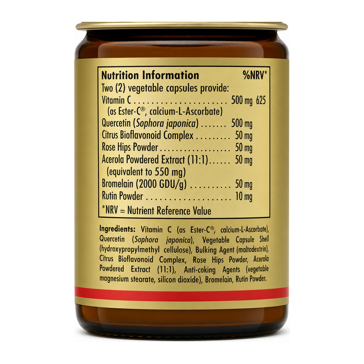 Solgar Quercetin Complex with Ester-C Plus by Solgar Natural Remedies — nutrition facts side panel, studio product photo on white background