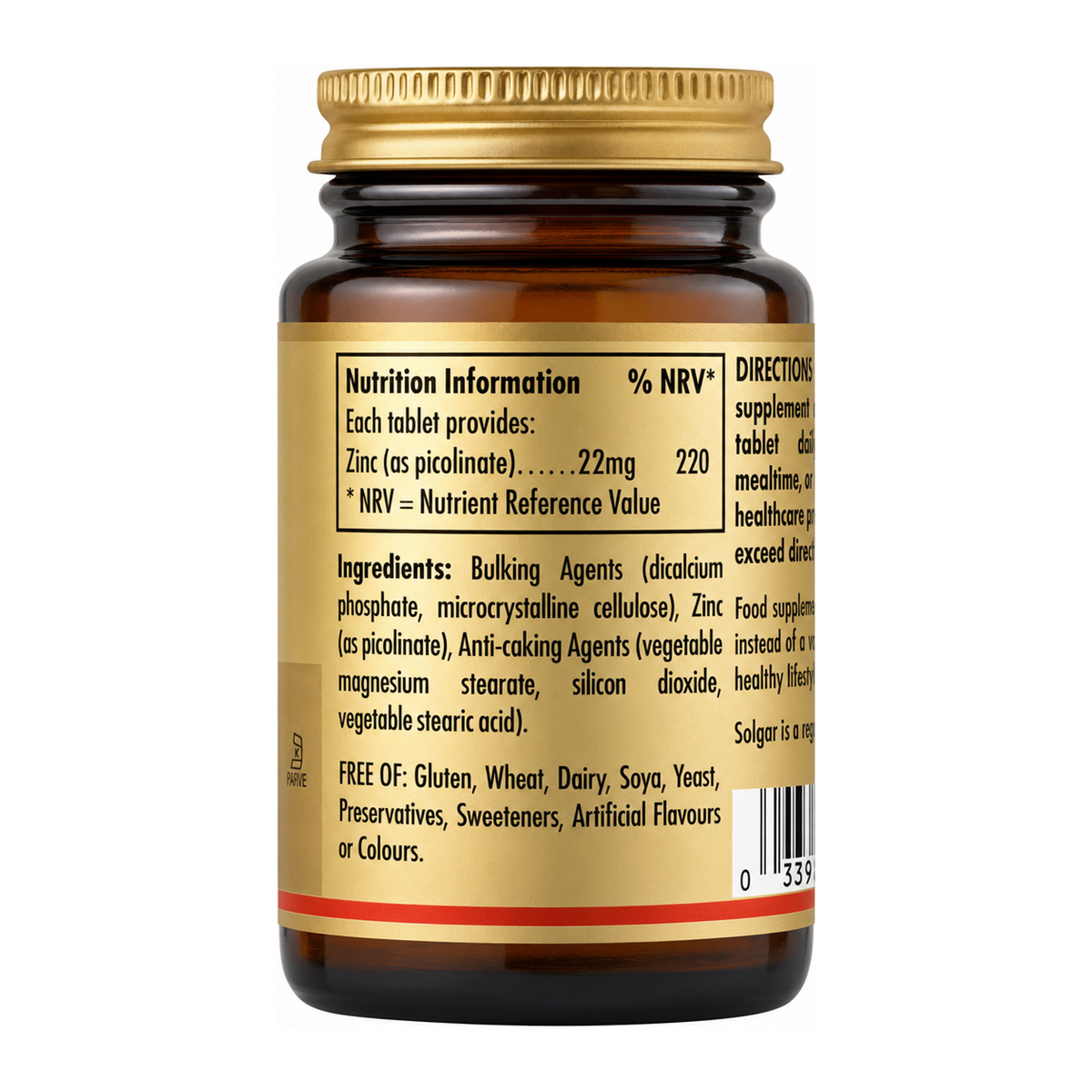 Solgar Zinc Picolinate 22 mg by Solgar Natural Remedies — nutrition facts side panel, studio product photo on white background